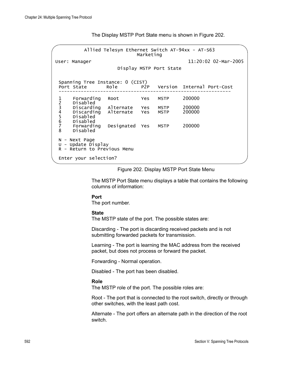Figure 202: display mstp port state menu | Allied Telesis AT-S63 User Manual | Page 592 / 908