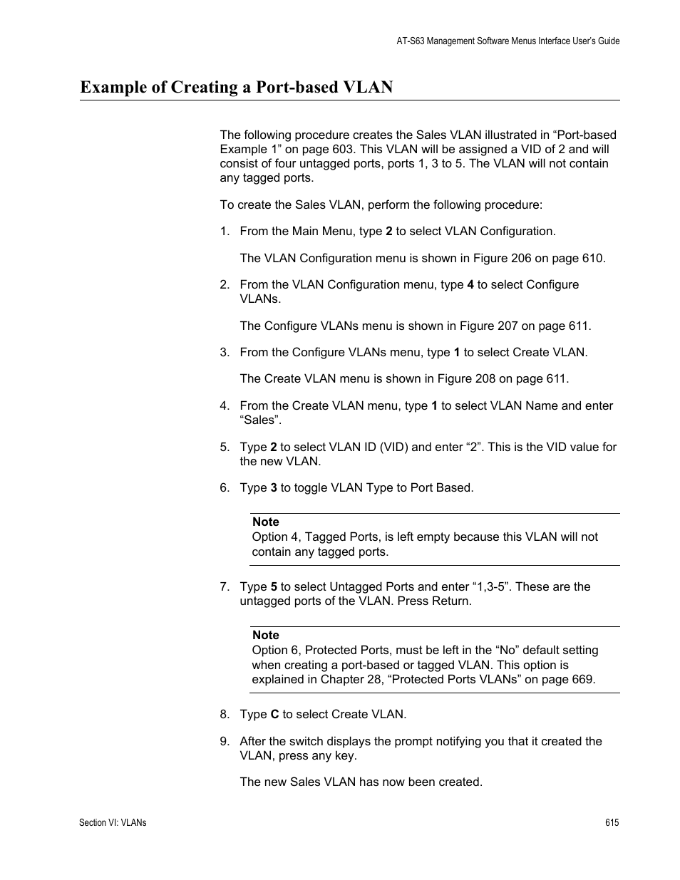 Example of creating a port-based vlan | Allied Telesis AT-S63 User Manual | Page 615 / 908