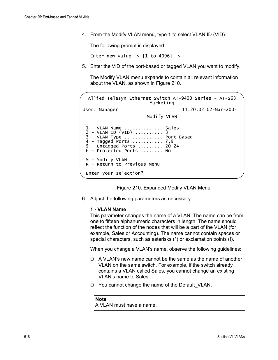 Figure 210: expanded modify vlan menu | Allied Telesis AT-S63 User Manual | Page 618 / 908