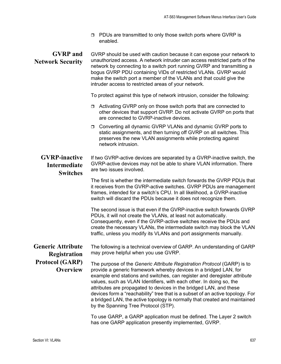 Gvrp and network security, Gvrp-inactive intermediate switches | Allied Telesis AT-S63 User Manual | Page 637 / 908