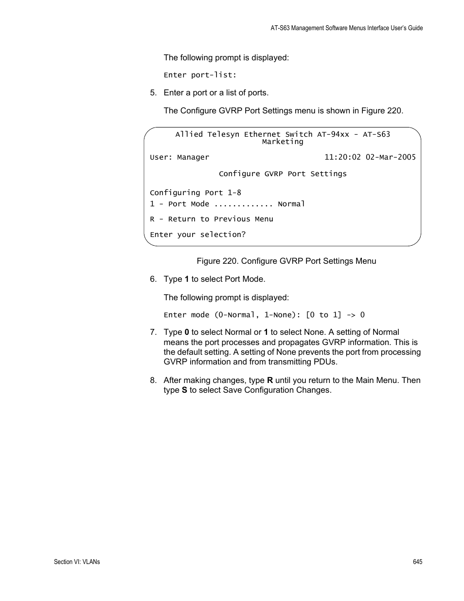 Figure 220: configure gvrp port settings menu | Allied Telesis AT-S63 User Manual | Page 645 / 908