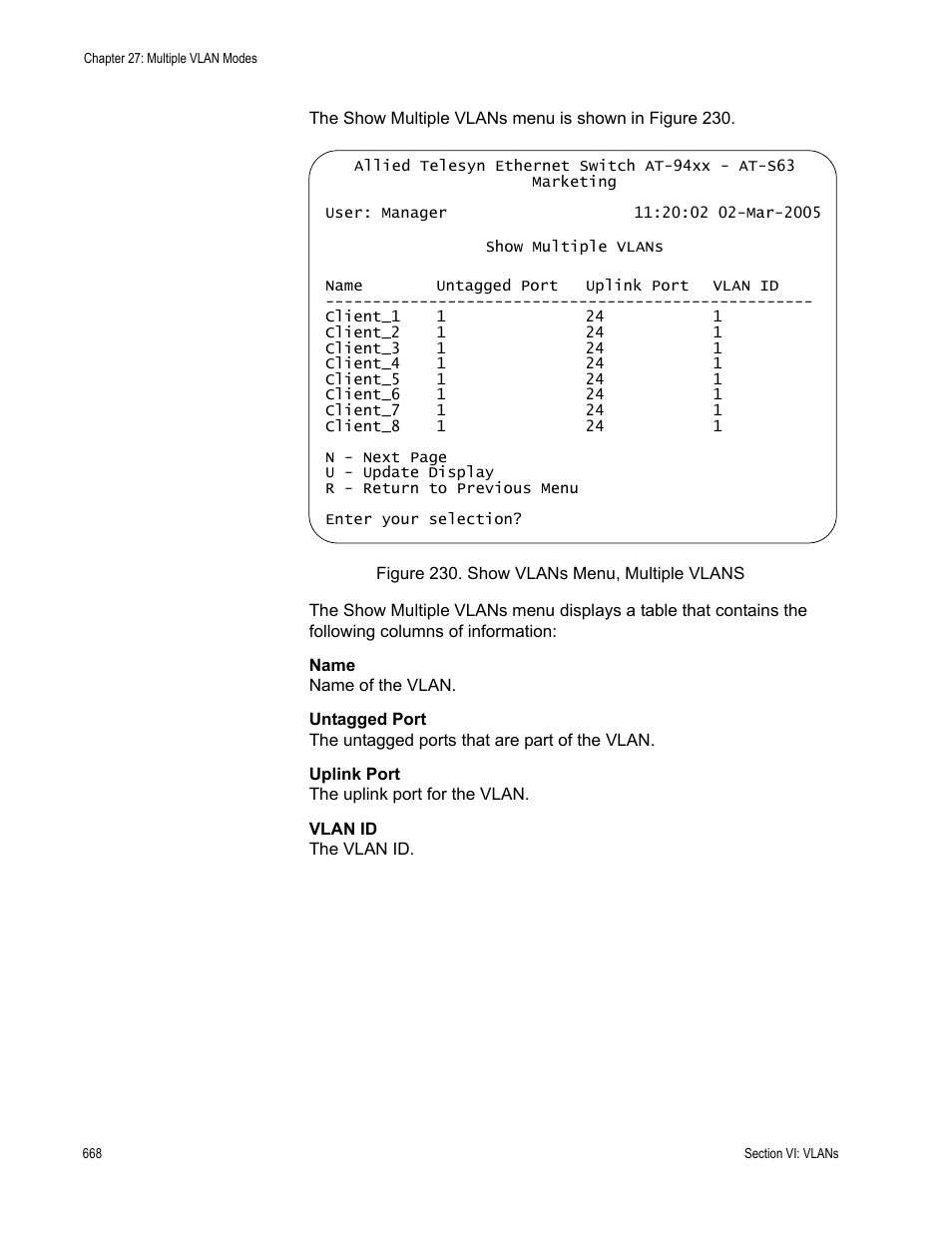 Figure 230: show vlans menu, multiple vlans | Allied Telesis AT-S63 User Manual | Page 668 / 908