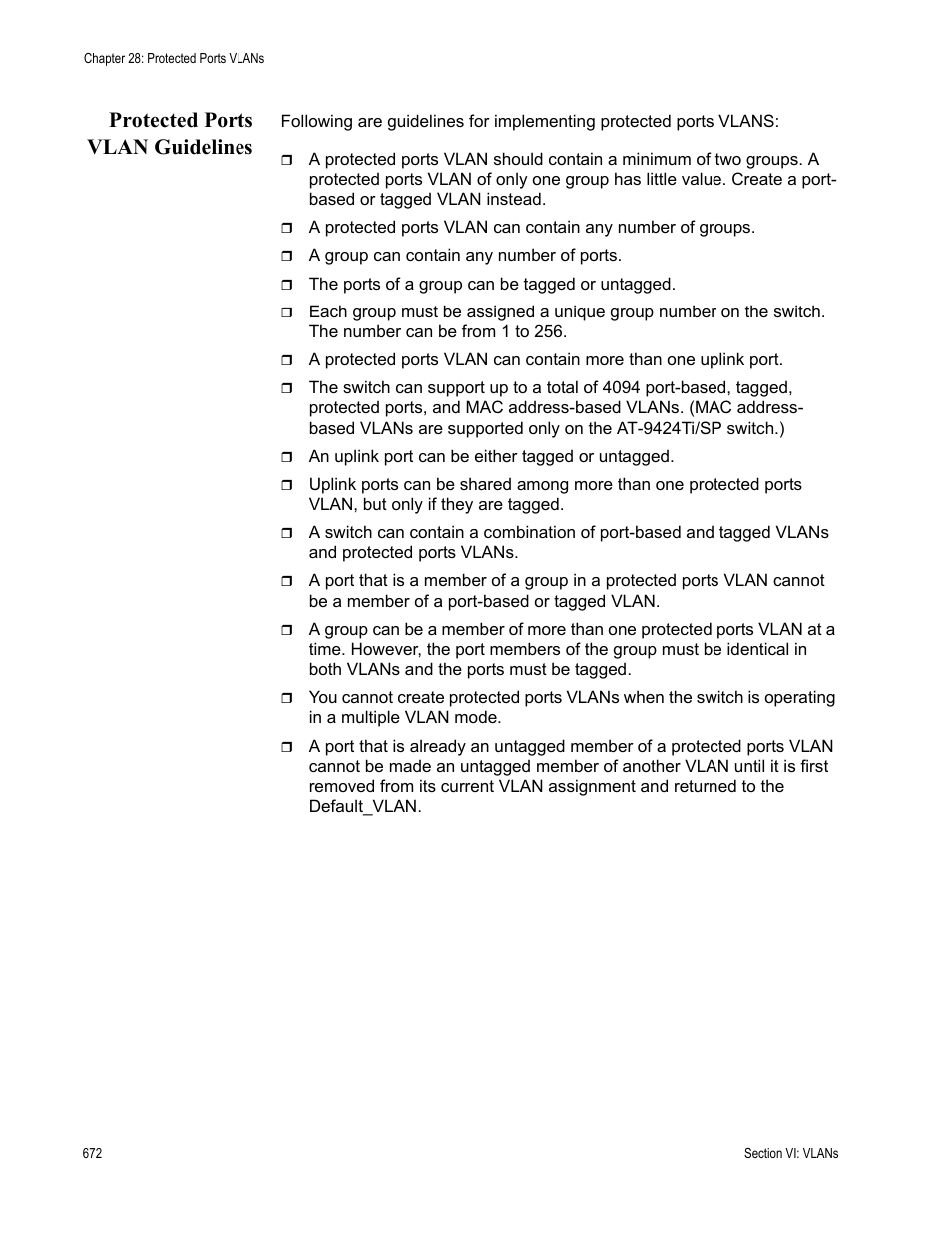 Protected ports vlan guidelines | Allied Telesis AT-S63 User Manual | Page 672 / 908