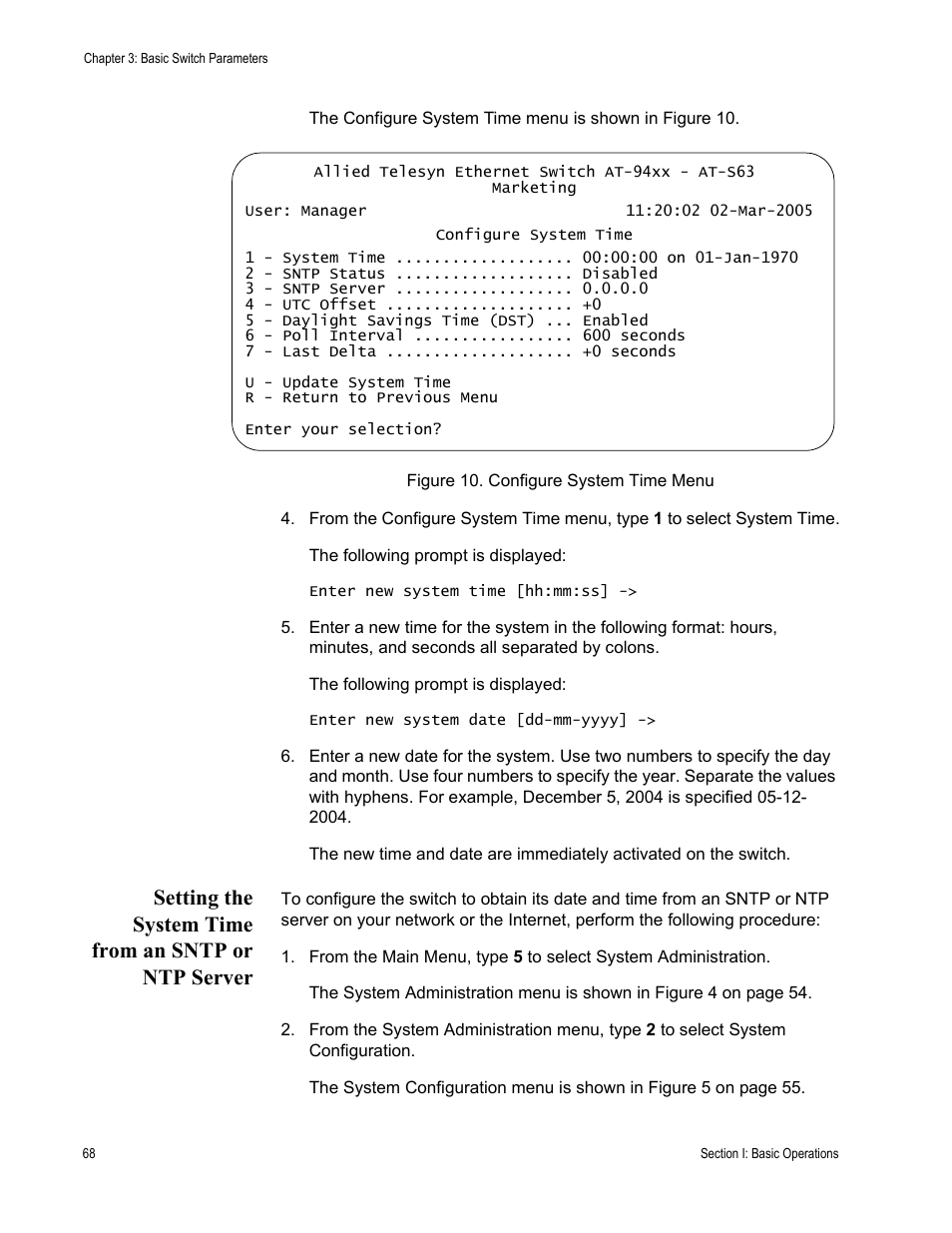 Setting the system time from an sntp or ntp server, Figure 10: configure system time menu | Allied Telesis AT-S63 User Manual | Page 68 / 908