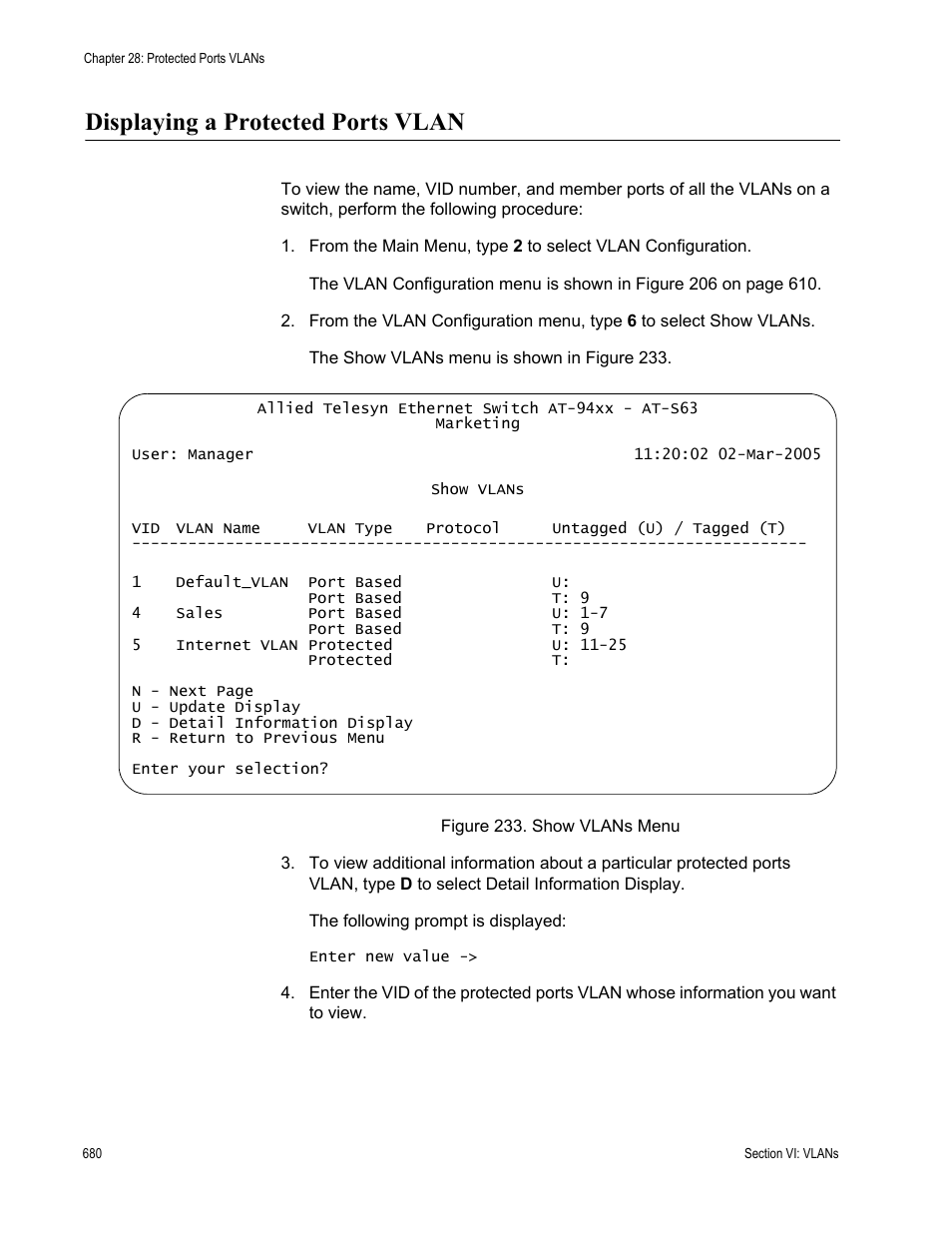 Displaying a protected ports vlan, Figure 233: show vlans menu | Allied Telesis AT-S63 User Manual | Page 680 / 908