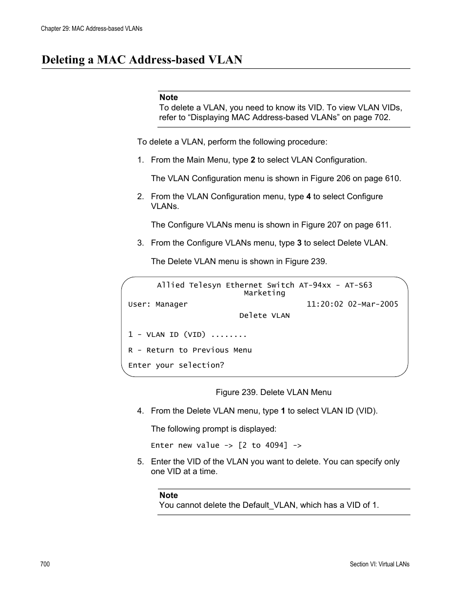 Deleting a mac address-based vlan, Figure 239: delete vlan menu | Allied Telesis AT-S63 User Manual | Page 700 / 908