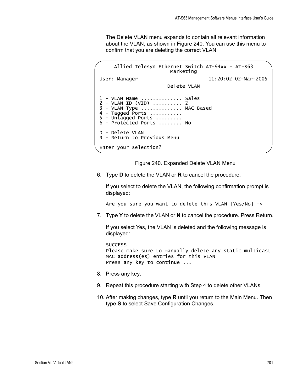 Figure 240: expanded delete vlan menu | Allied Telesis AT-S63 User Manual | Page 701 / 908