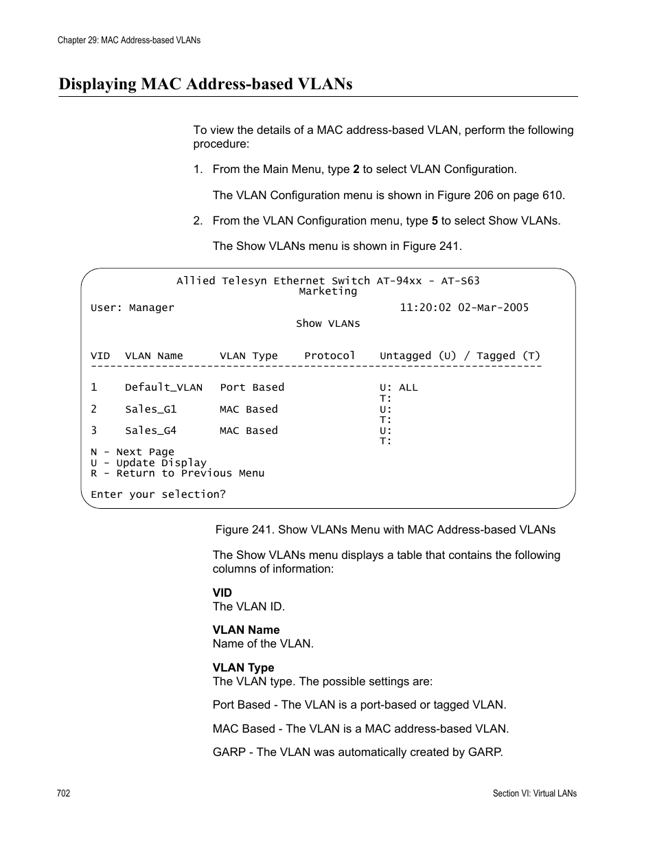 Displaying mac address-based vlans | Allied Telesis AT-S63 User Manual | Page 702 / 908