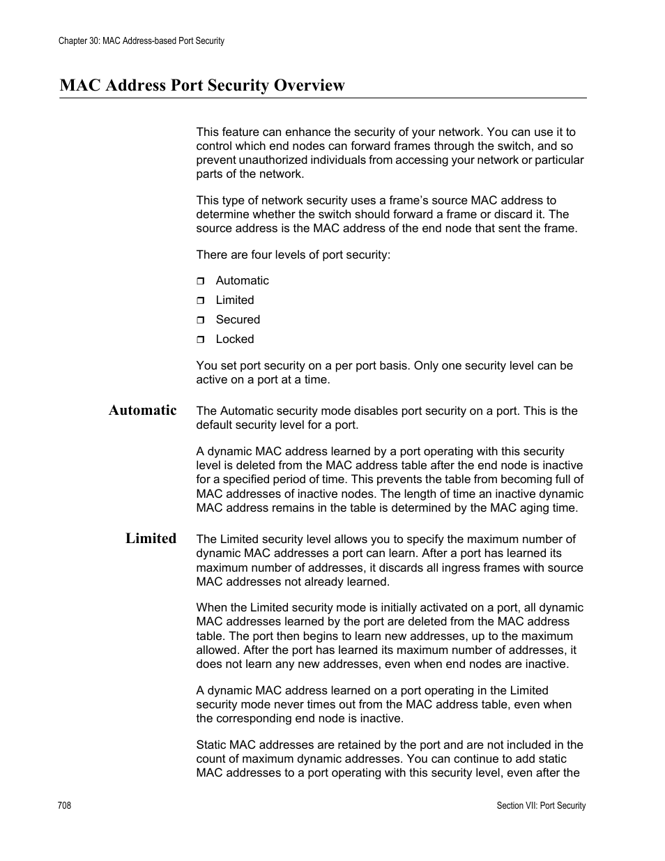 Mac address port security overview, Automatic, Limited | Automatic limited | Allied Telesis AT-S63 User Manual | Page 708 / 908