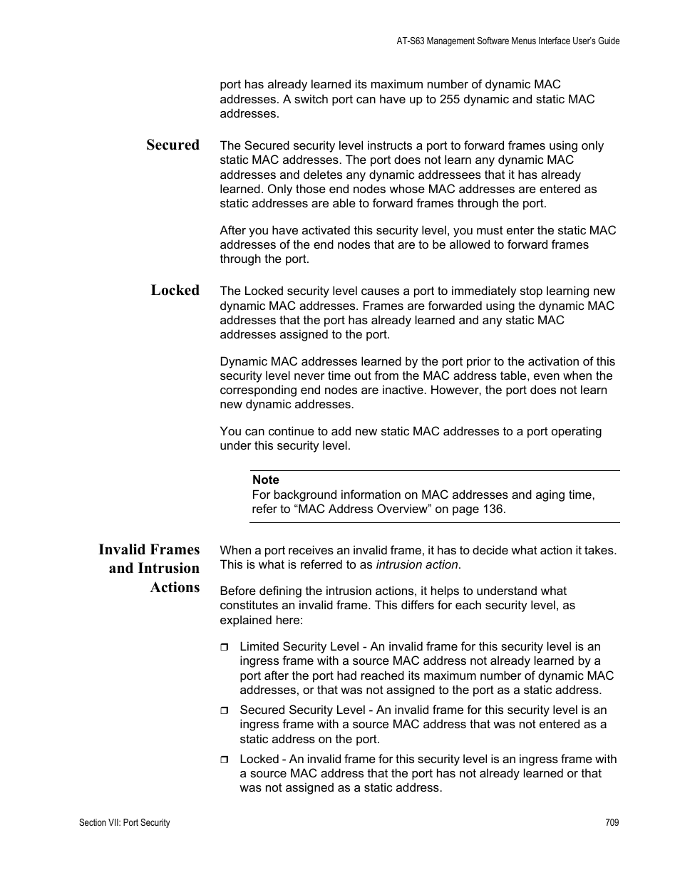 Secured, Locked, Invalid frames and intrusion actions | Allied Telesis AT-S63 User Manual | Page 709 / 908