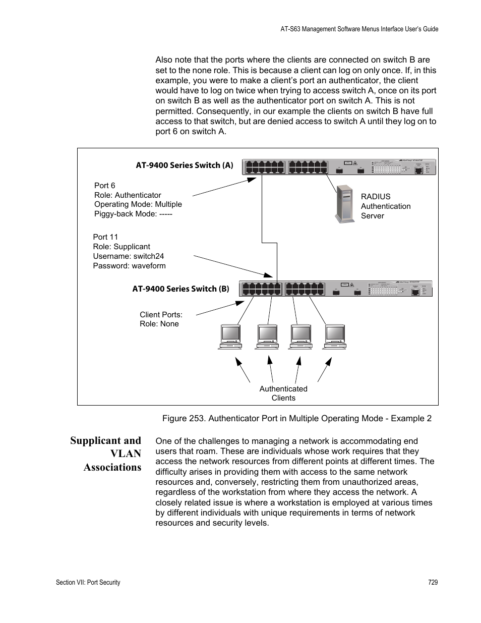 Supplicant and vlan associations, At-9400 series switch (b) | Allied Telesis AT-S63 User Manual | Page 729 / 908
