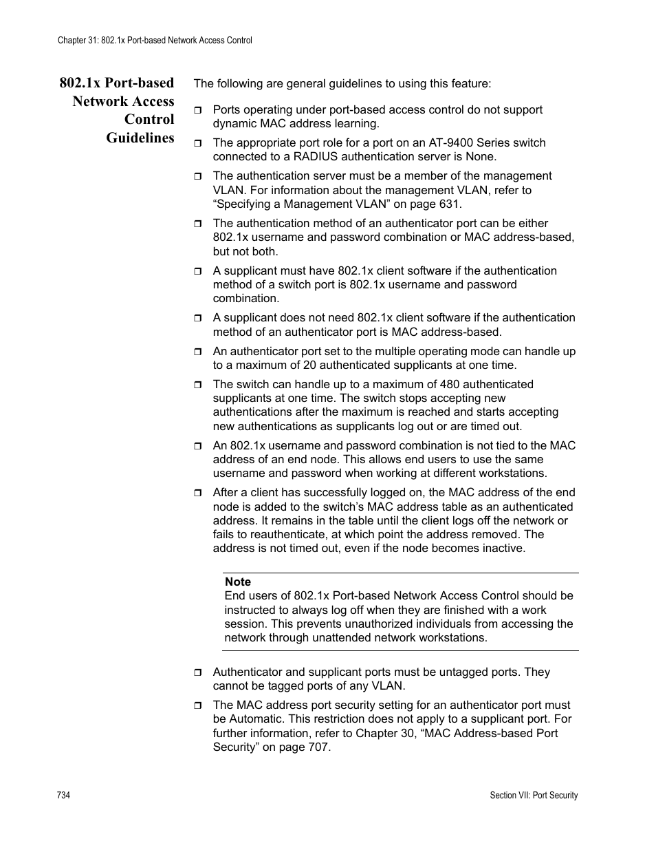 1x port-based network access control guidelines | Allied Telesis AT-S63 User Manual | Page 734 / 908