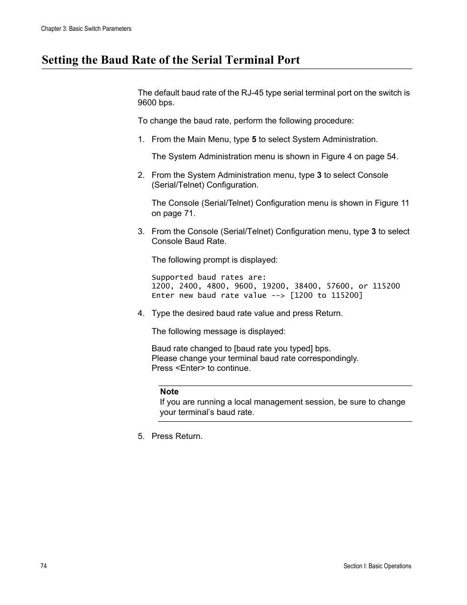 Setting the baud rate of the serial terminal port | Allied Telesis AT-S63 User Manual | Page 74 / 908