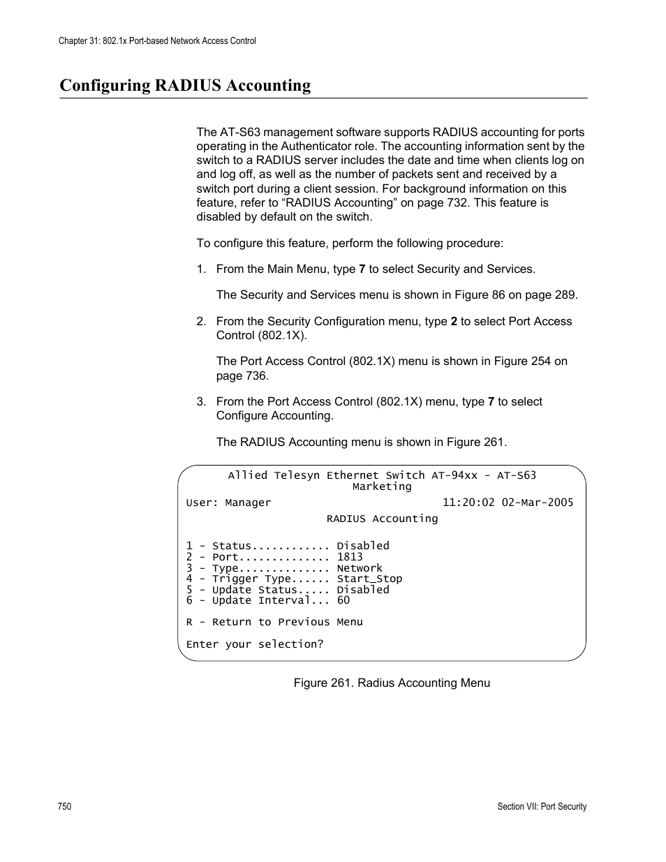 Configuring radius accounting, Figure 261: radius accounting menu | Allied Telesis AT-S63 User Manual | Page 750 / 908