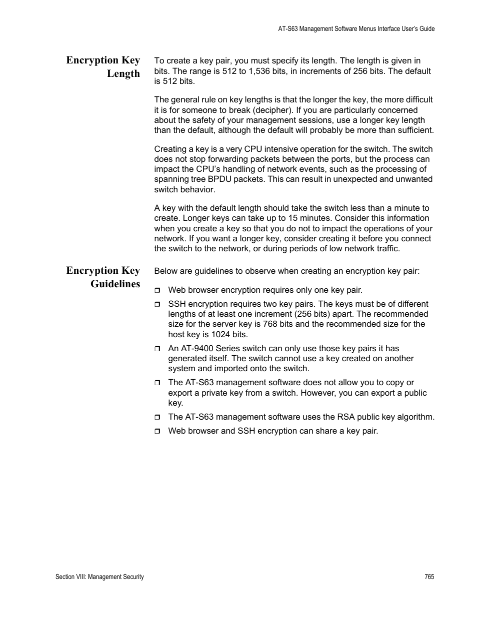 Encryption key length, Encryption key guidelines, Encryption key length encryption key guidelines | Allied Telesis AT-S63 User Manual | Page 765 / 908