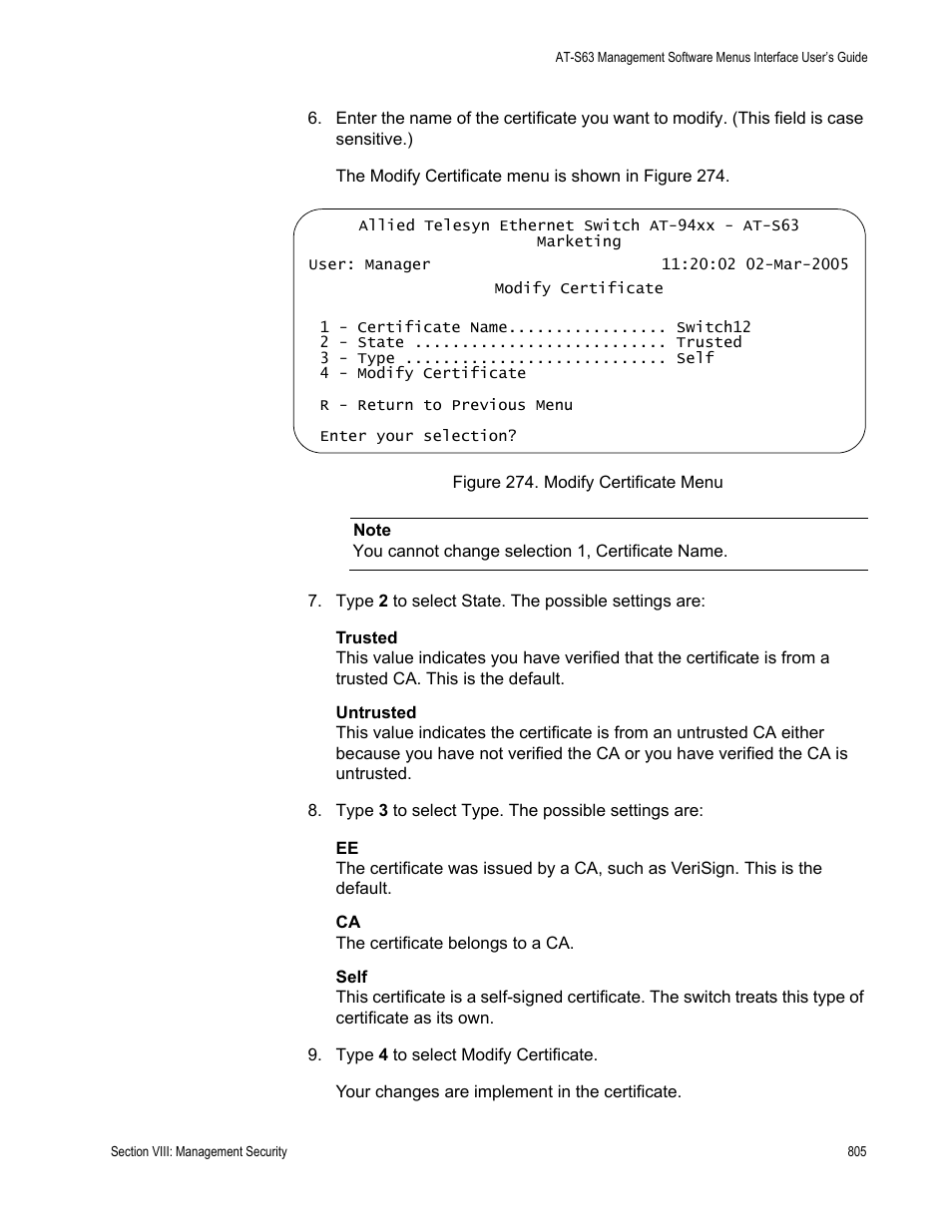 Figure 274: modify certificate menu | Allied Telesis AT-S63 User Manual | Page 805 / 908