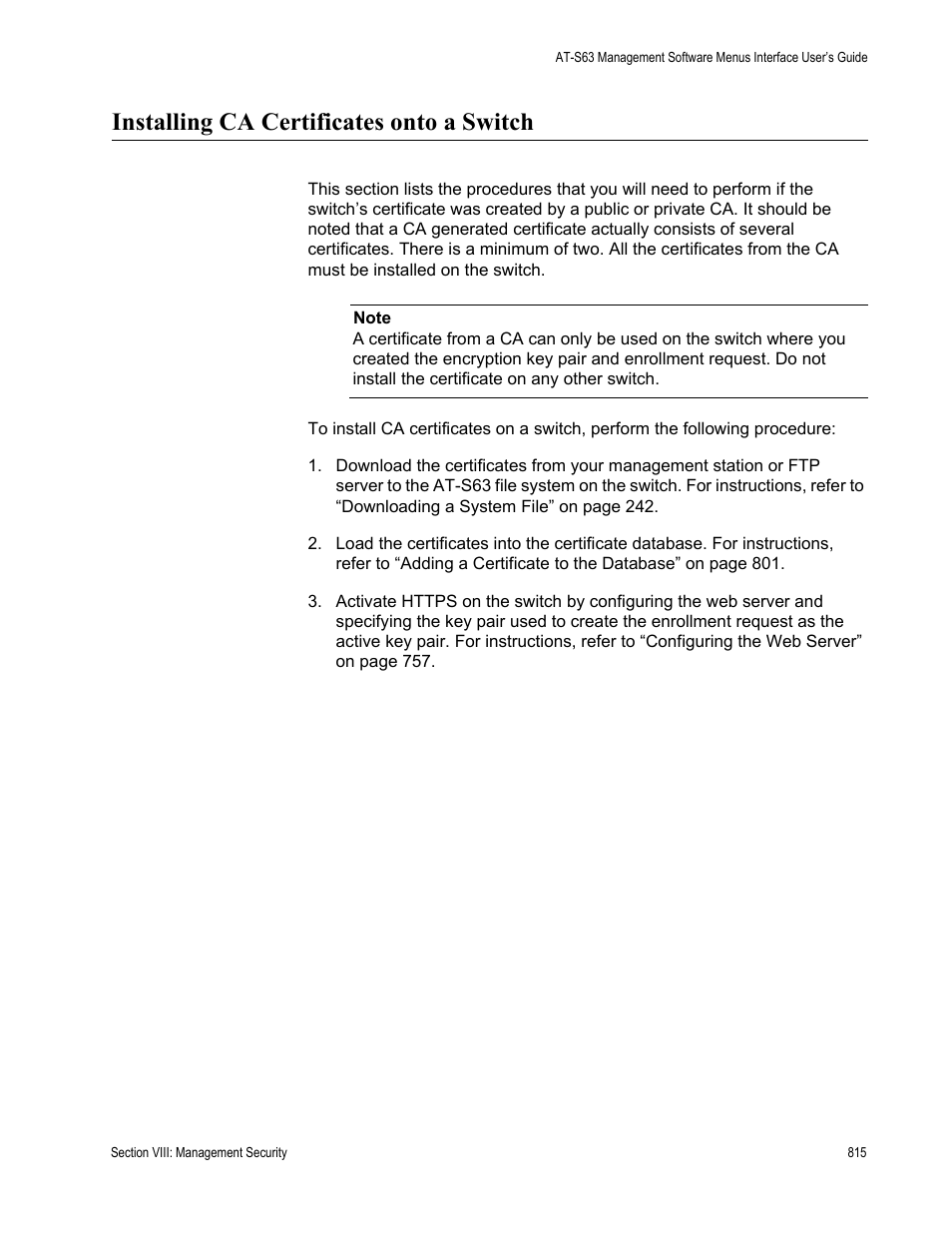 Installing ca certificates onto a switch | Allied Telesis AT-S63 User Manual | Page 815 / 908