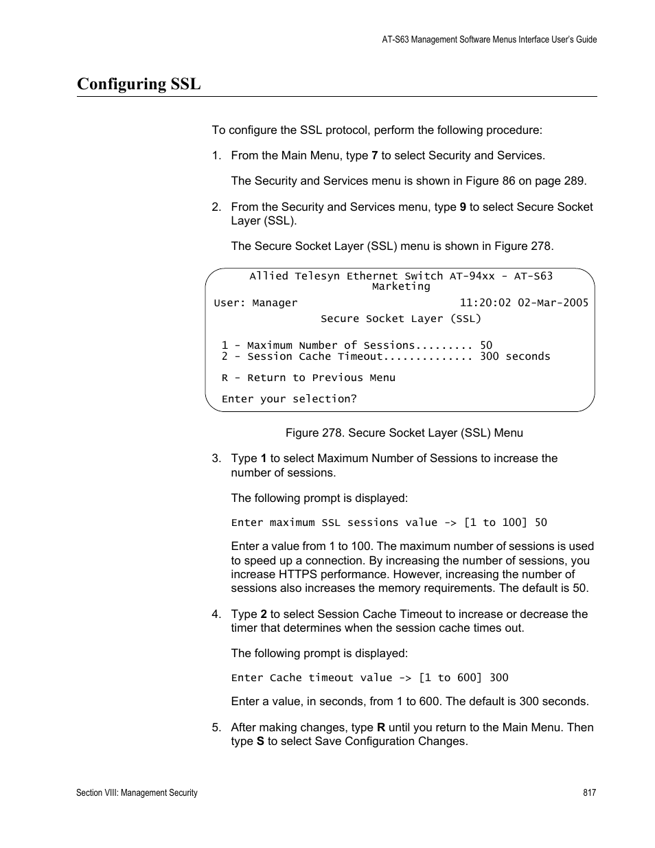 Configuring ssl, Figure 278: secure socket layer (ssl) menu | Allied Telesis AT-S63 User Manual | Page 817 / 908