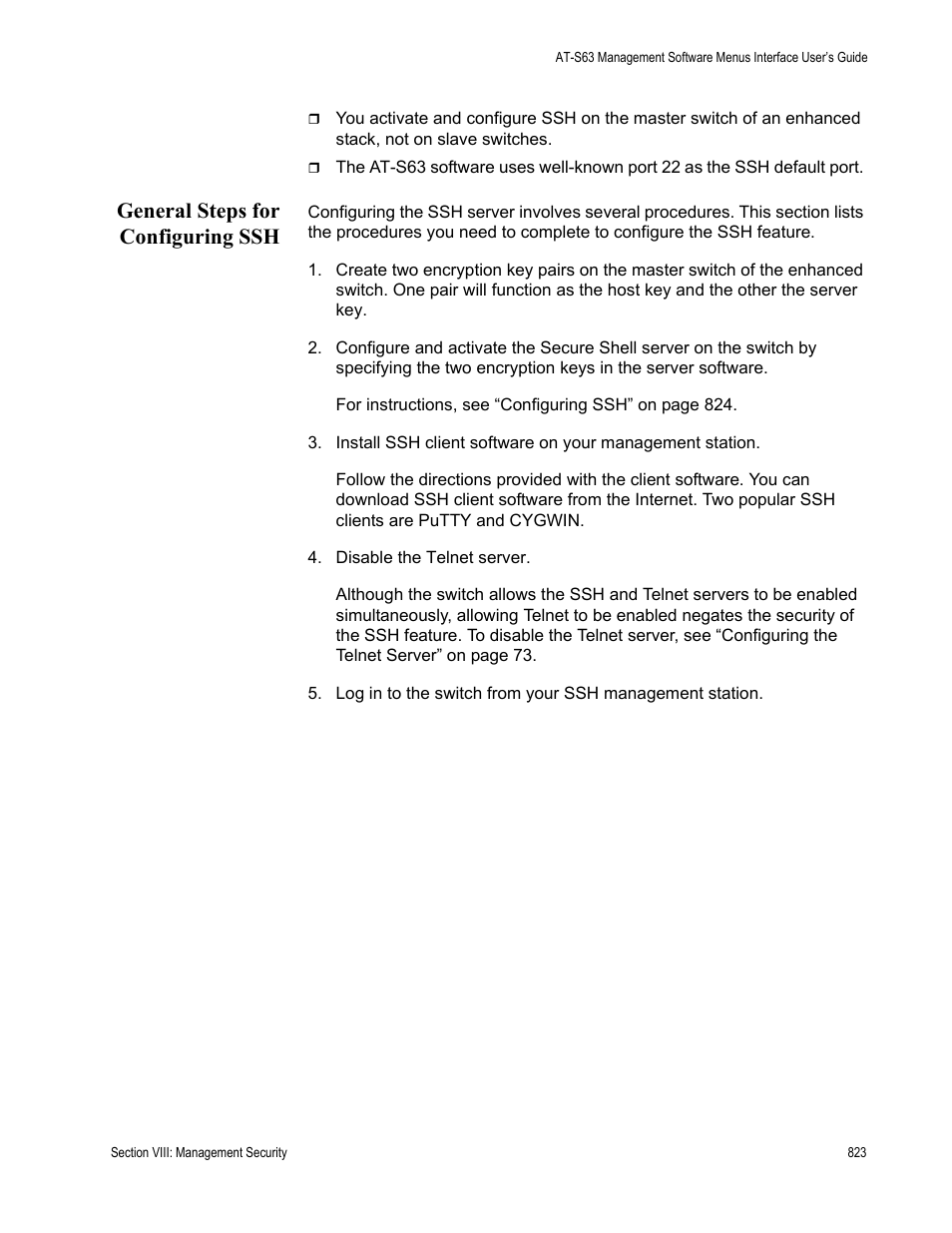 General steps for configuring ssh | Allied Telesis AT-S63 User Manual | Page 823 / 908