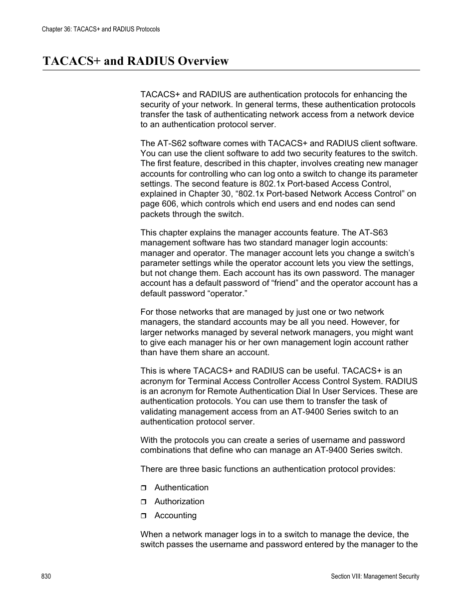 Tacacs+ and radius overview | Allied Telesis AT-S63 User Manual | Page 830 / 908