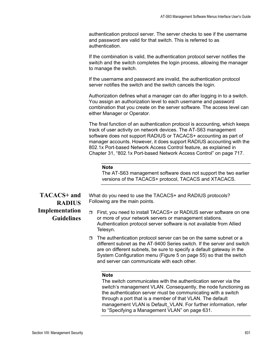 Tacacs+ and radius implementation guidelines | Allied Telesis AT-S63 User Manual | Page 831 / 908