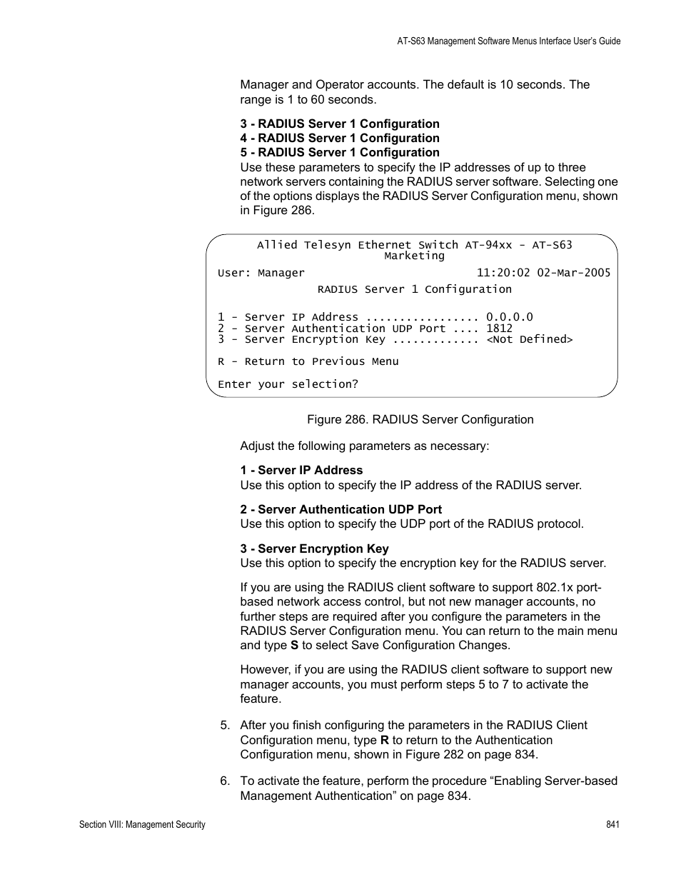 Figure 286: radius server configuration | Allied Telesis AT-S63 User Manual | Page 841 / 908