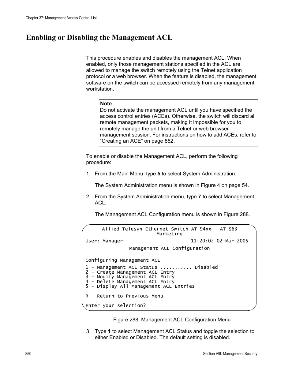 Enabling or disabling the management acl, Figure 288: management acl configuration menu | Allied Telesis AT-S63 User Manual | Page 850 / 908