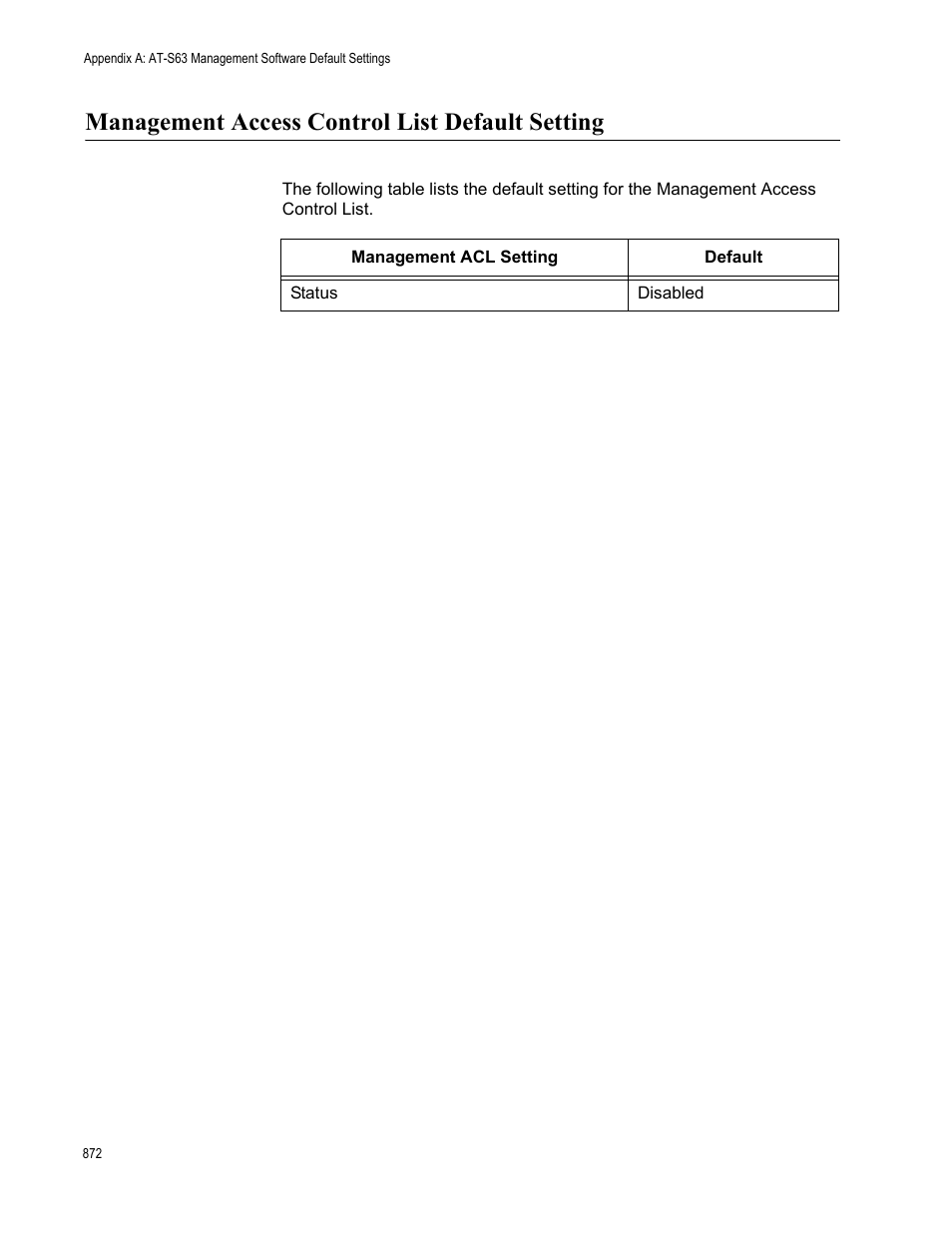 Management access control list default setting | Allied Telesis AT-S63 User Manual | Page 872 / 908