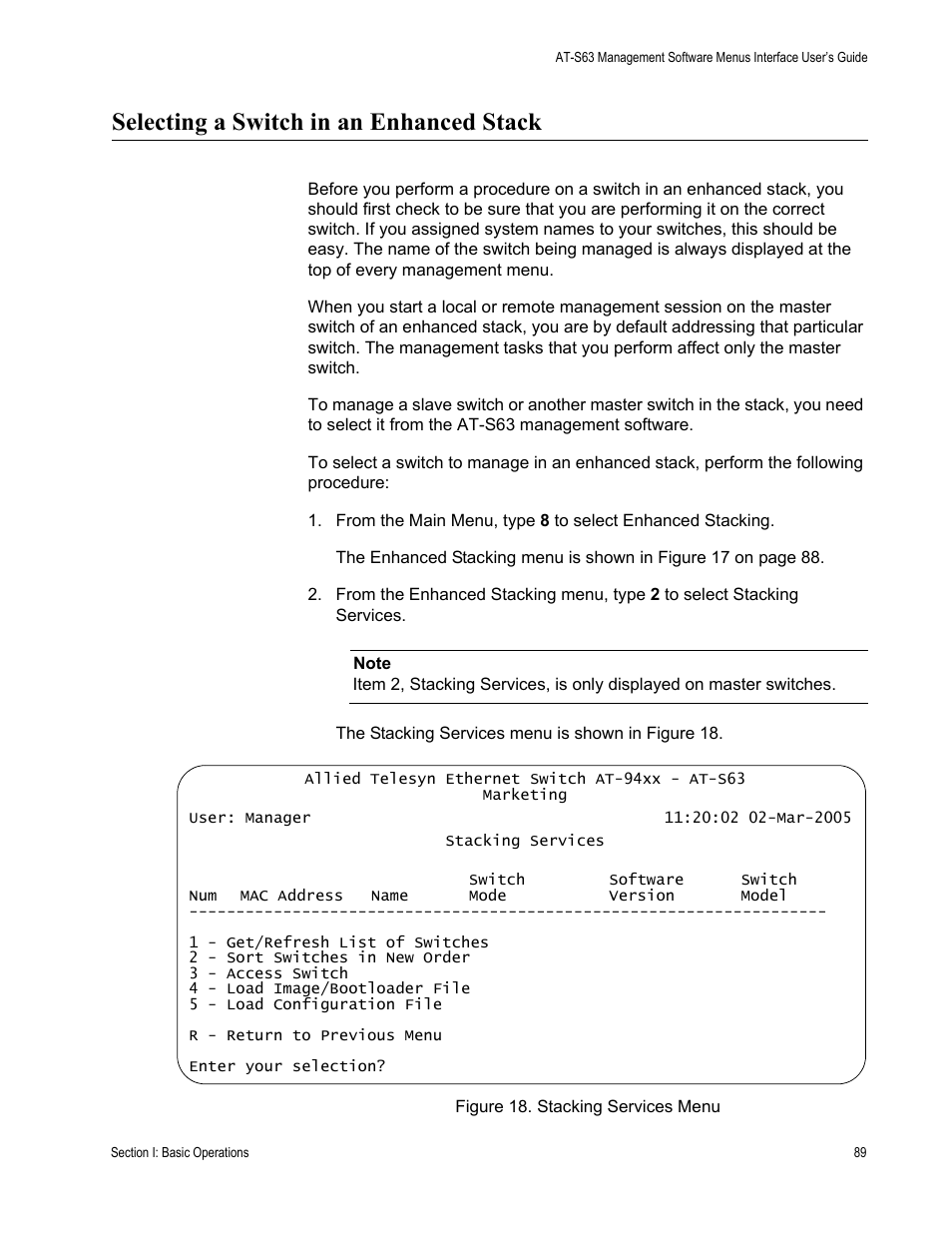Selecting a switch in an enhanced stack, Figure 18: stacking services menu | Allied Telesis AT-S63 User Manual | Page 89 / 908