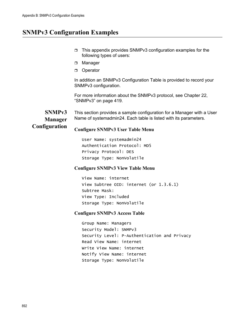 Snmpv3 configuration examples, Snmpv3 manager configuration | Allied Telesis AT-S63 User Manual | Page 892 / 908