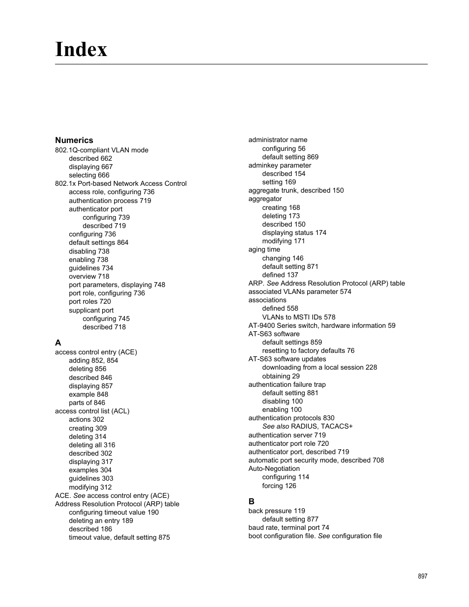 Index, Numerics | Allied Telesis AT-S63 User Manual | Page 897 / 908