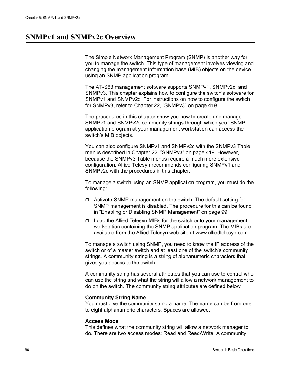 Snmpv1 and snmpv2c overview | Allied Telesis AT-S63 User Manual | Page 96 / 908