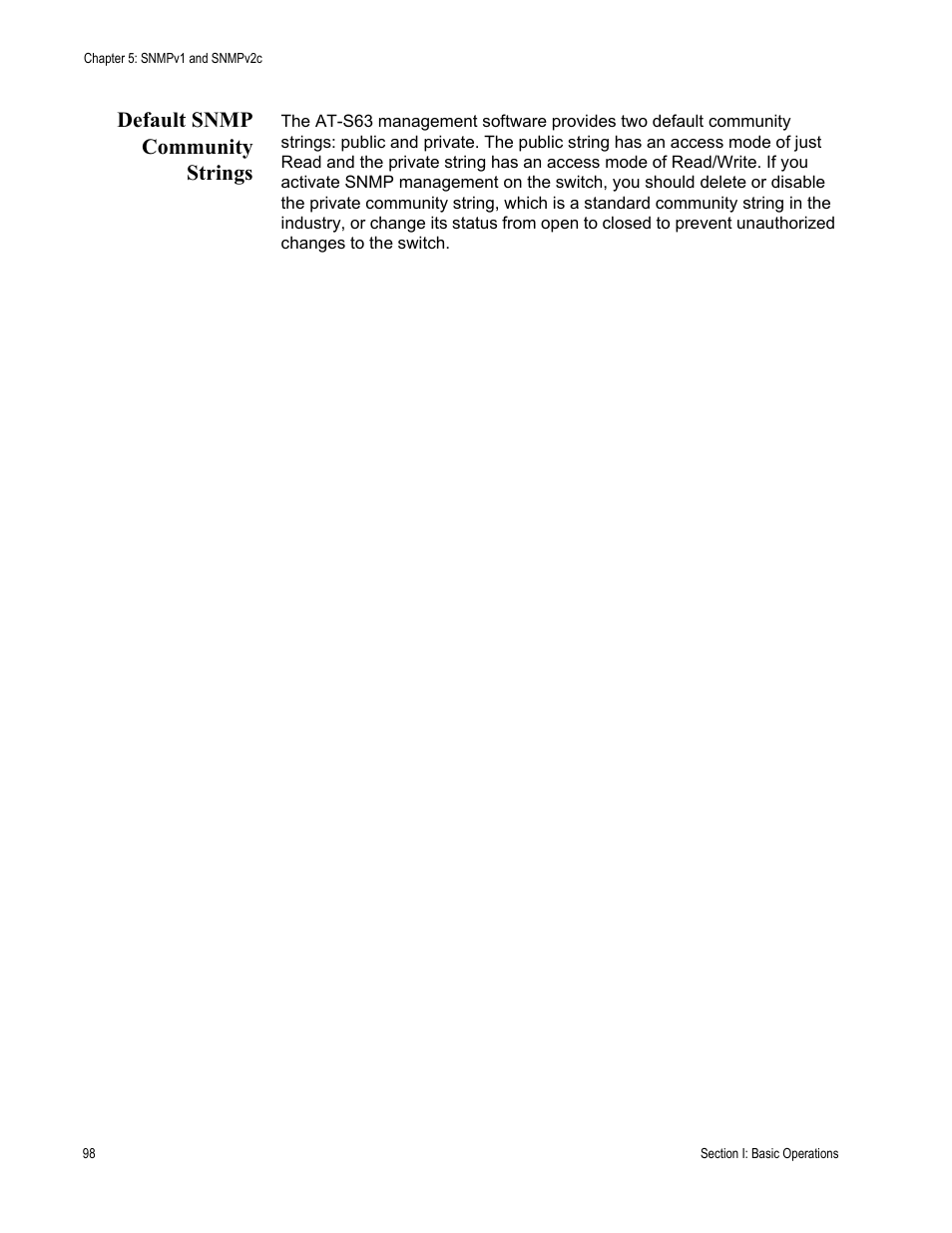 Default snmp community strings | Allied Telesis AT-S63 User Manual | Page 98 / 908