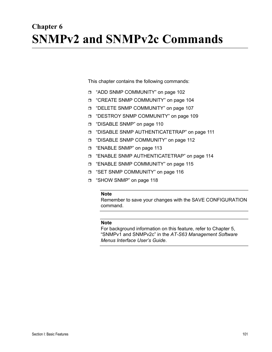 Chapter 6, Snmpv2 and snmpv2c commands, R 6: snmpv2 and snmpv2c commands | Allied Telesis AT-S63 User Manual | Page 101 / 680