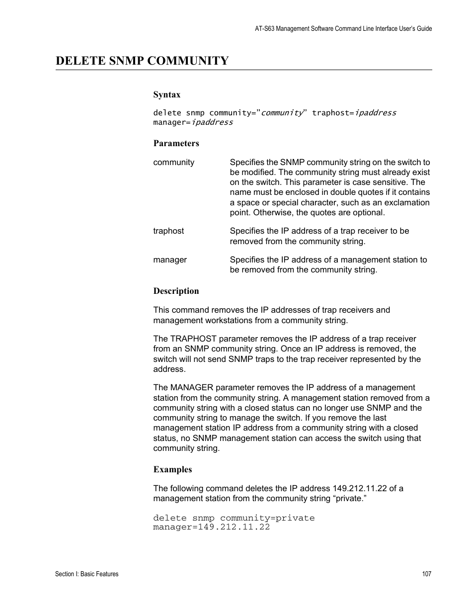Delete snmp community | Allied Telesis AT-S63 User Manual | Page 107 / 680