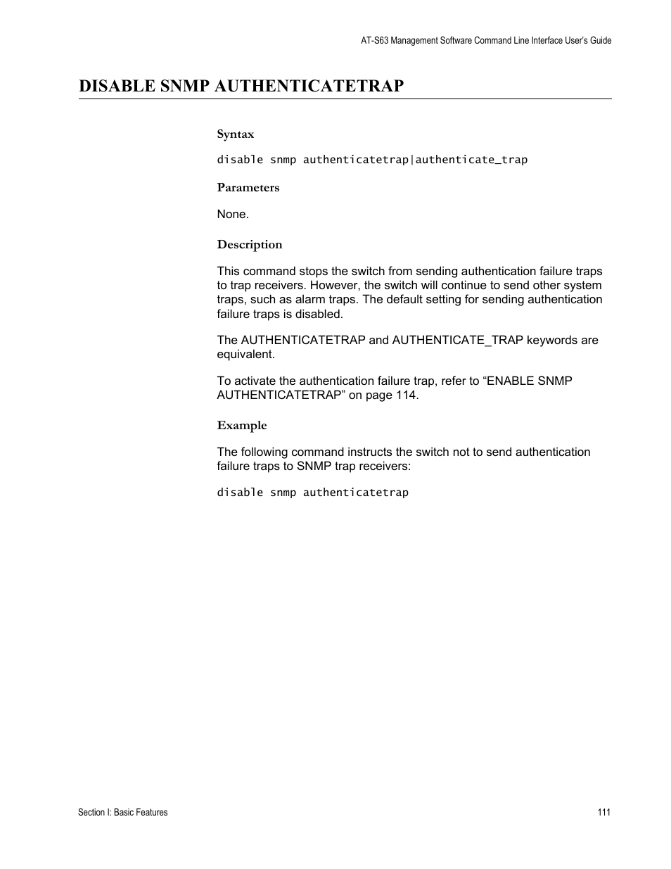 Disable snmp authenticatetrap | Allied Telesis AT-S63 User Manual | Page 111 / 680