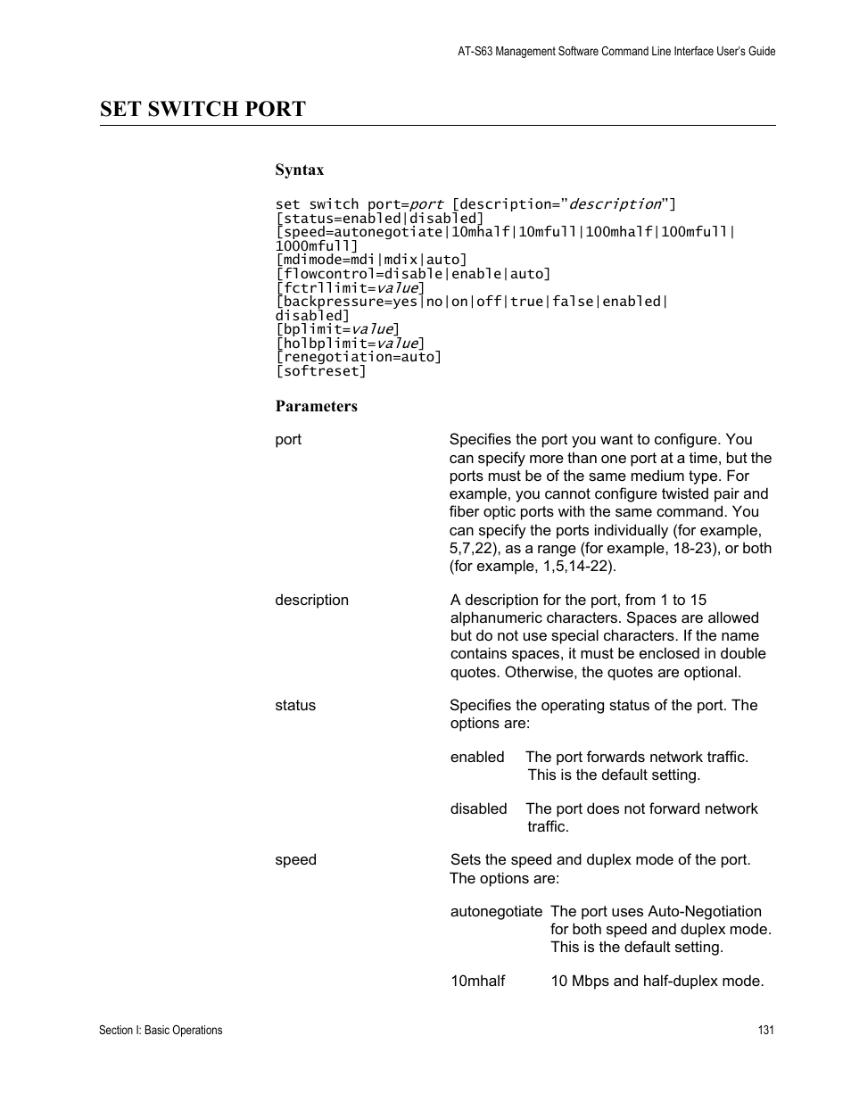 Set switch port | Allied Telesis AT-S63 User Manual | Page 131 / 680