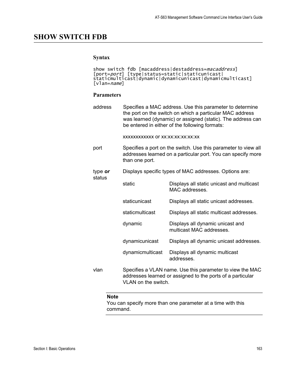 Show switch fdb | Allied Telesis AT-S63 User Manual | Page 163 / 680
