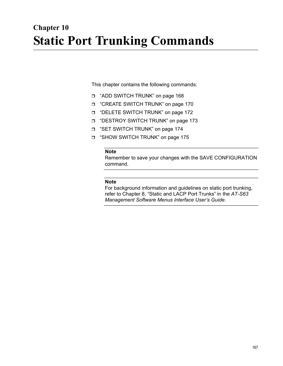 Chapter 10, Static port trunking commands | Allied Telesis AT-S63 User Manual | Page 167 / 680