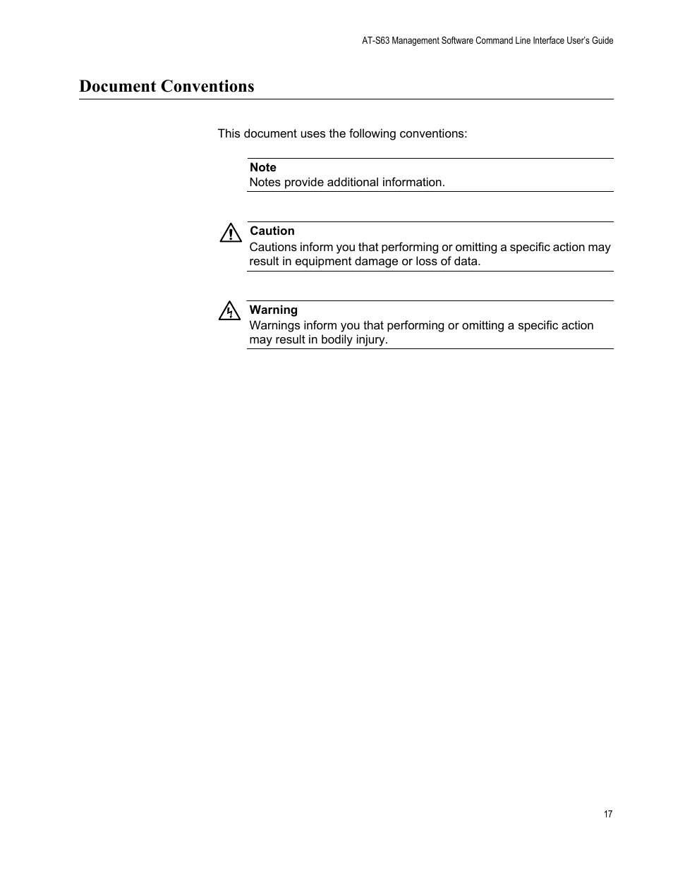 Document conventions | Allied Telesis AT-S63 User Manual | Page 17 / 680