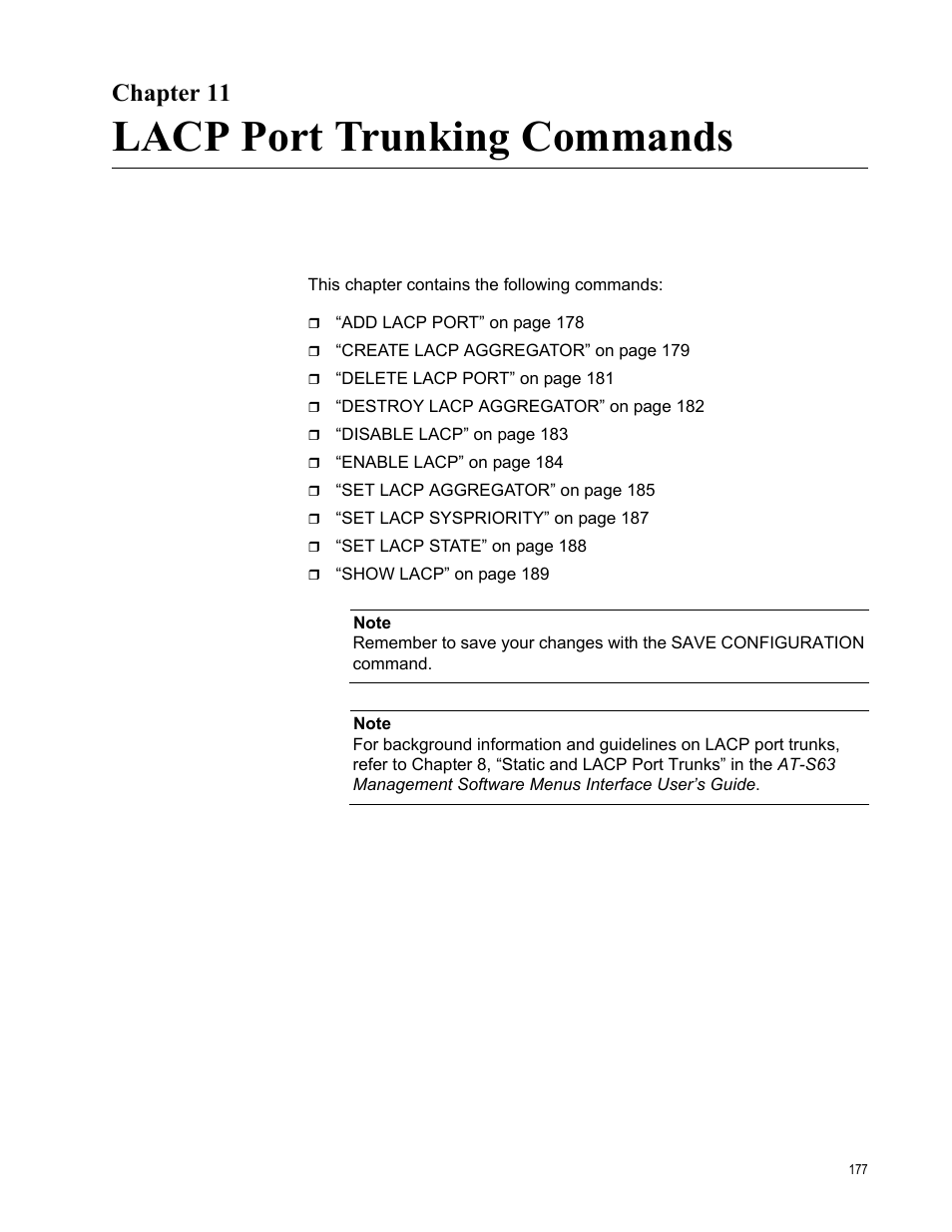 Chapter 11, Lacp port trunking commands | Allied Telesis AT-S63 User Manual | Page 177 / 680