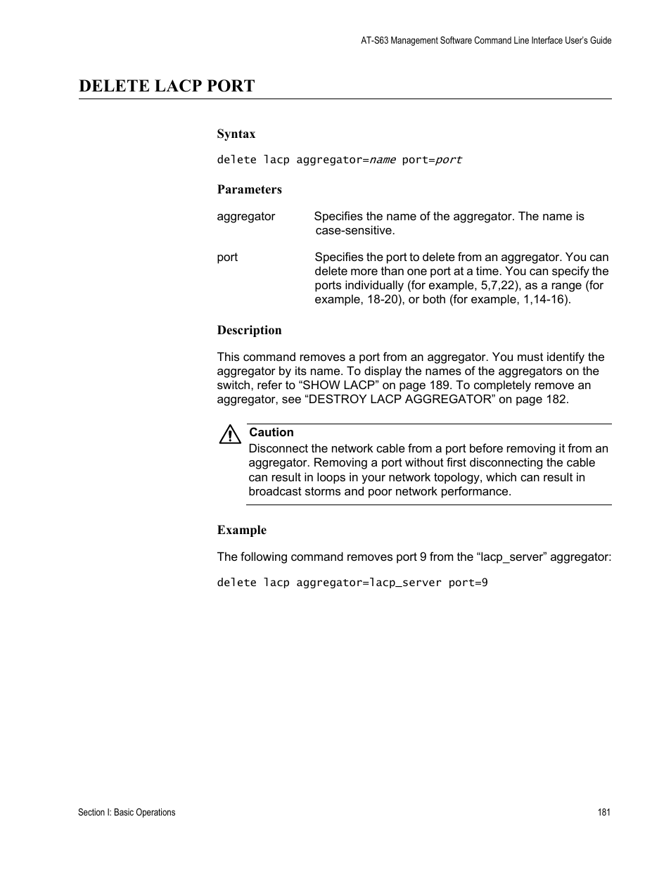 Delete lacp port | Allied Telesis AT-S63 User Manual | Page 181 / 680