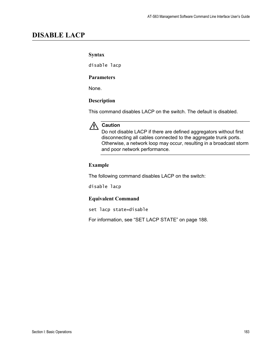 Disable lacp | Allied Telesis AT-S63 User Manual | Page 183 / 680