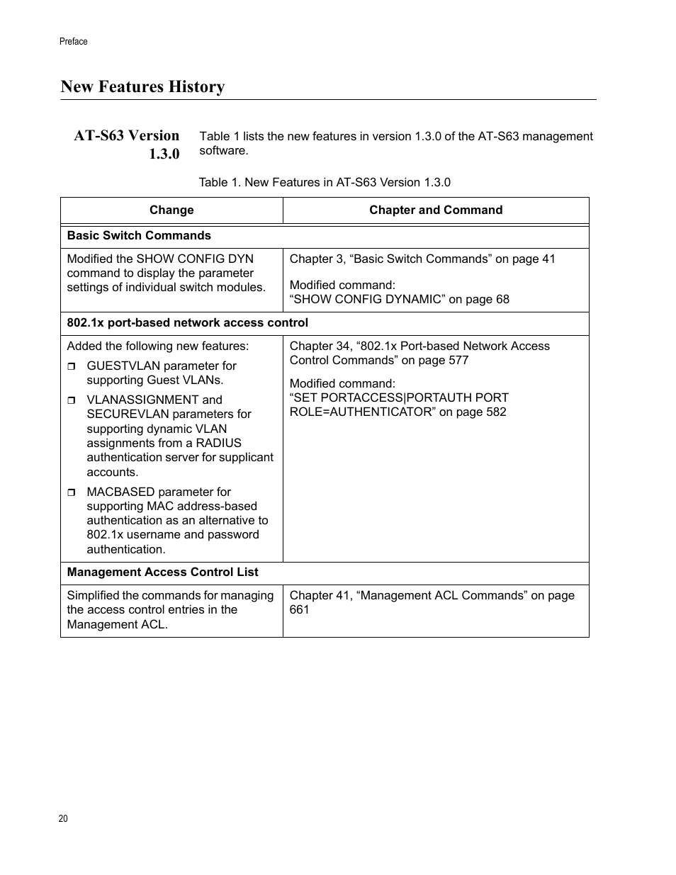New features history, At-s63 version 1.3.0, Table 1. new features in at-s63 version 1.3.0 | Allied Telesis AT-S63 User Manual | Page 20 / 680
