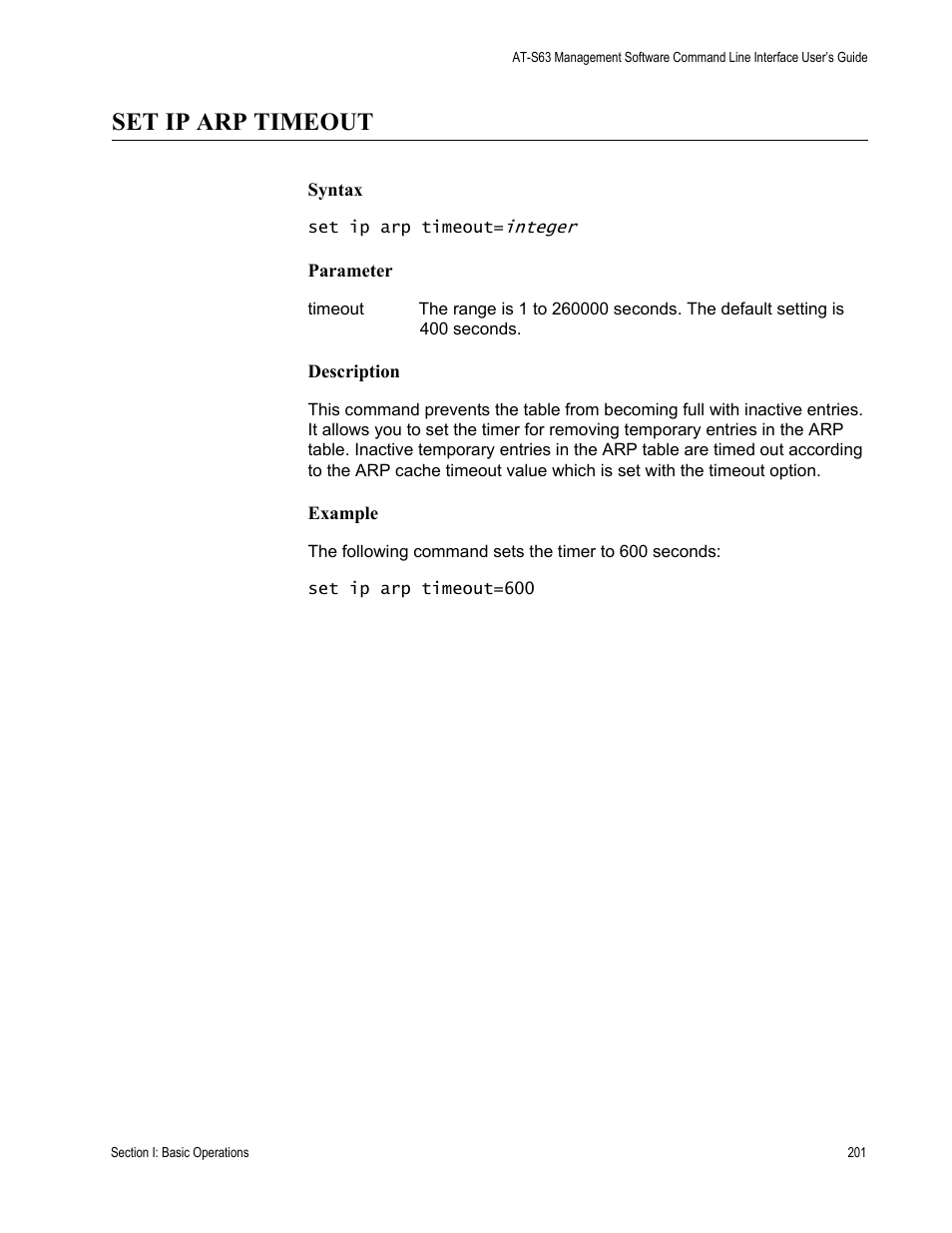 Set ip arp timeout | Allied Telesis AT-S63 User Manual | Page 201 / 680