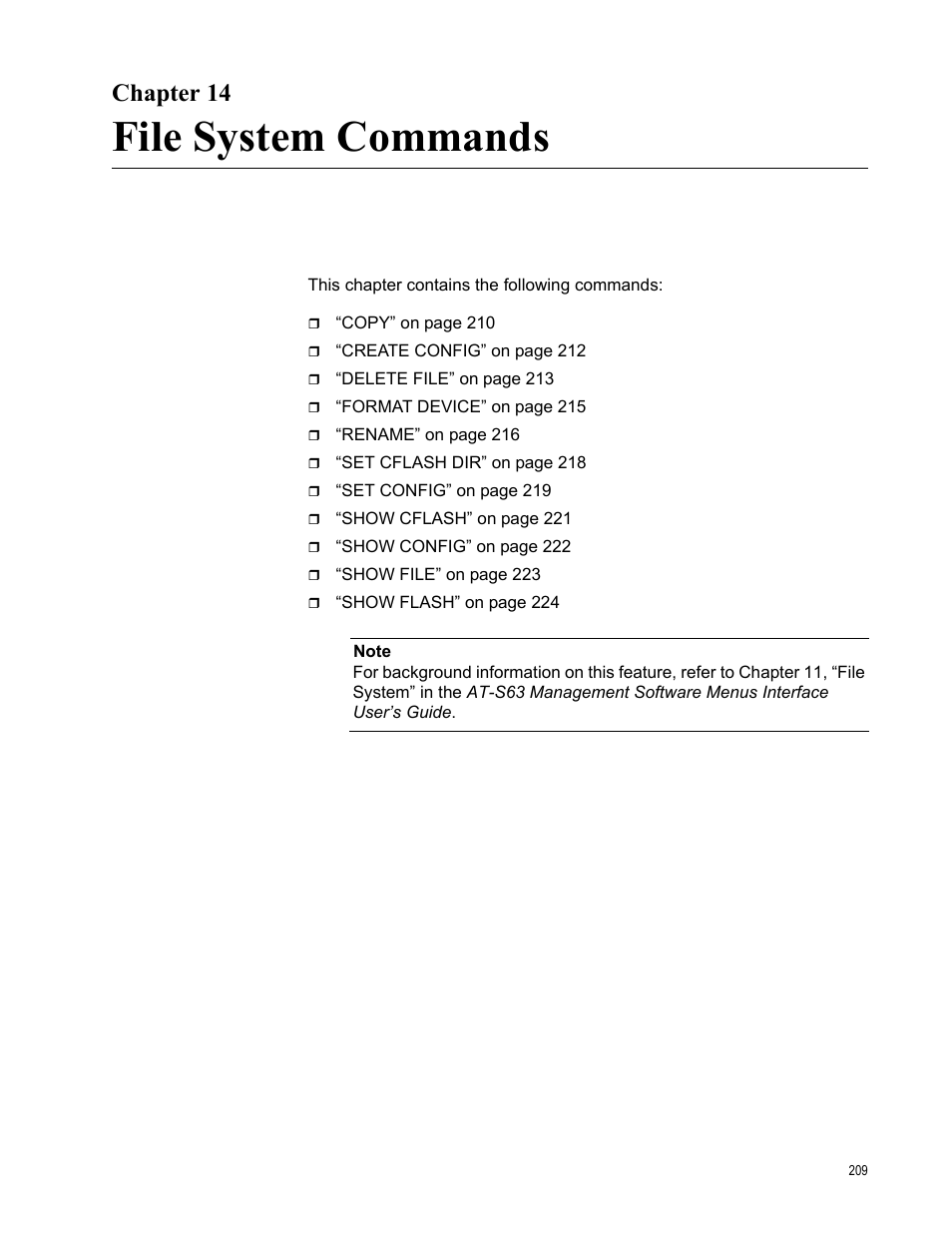 Chapter 14, File system commands | Allied Telesis AT-S63 User Manual | Page 209 / 680