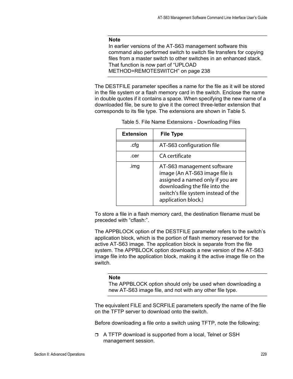 Table 5. file name extensions - downloading files | Allied Telesis AT-S63 User Manual | Page 229 / 680
