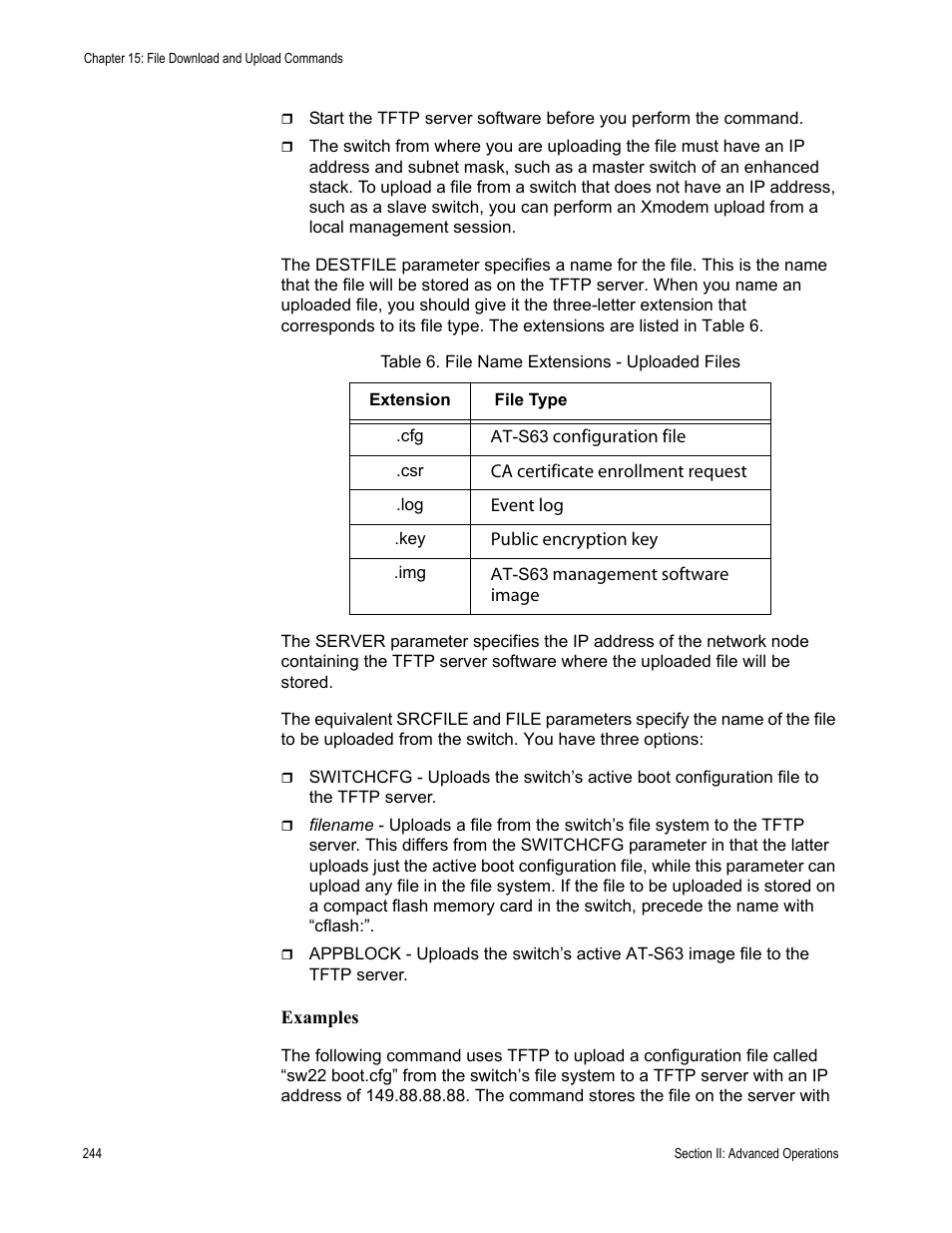 Table 6. file name extensions - uploaded files | Allied Telesis AT-S63 User Manual | Page 244 / 680