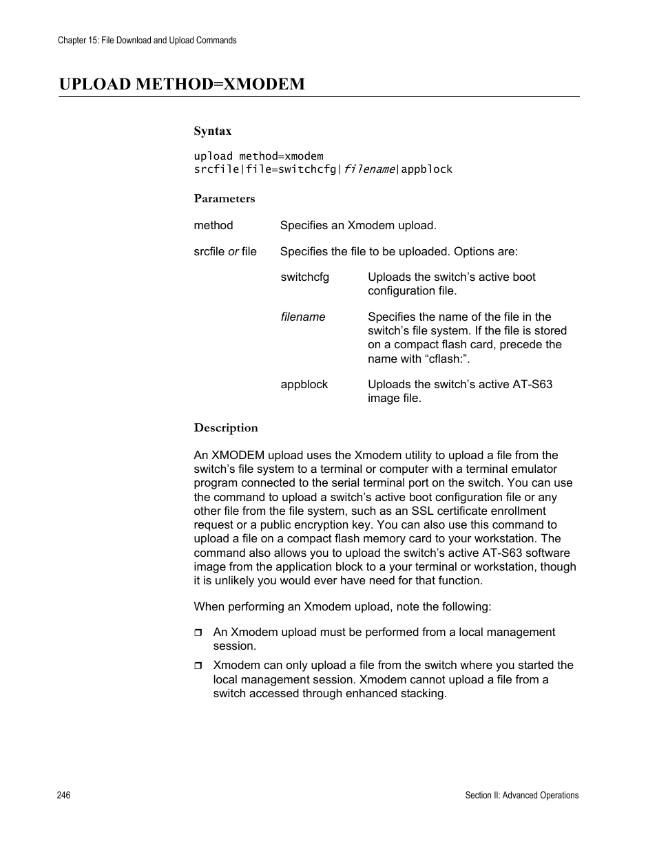 Upload method=xmodem | Allied Telesis AT-S63 User Manual | Page 246 / 680