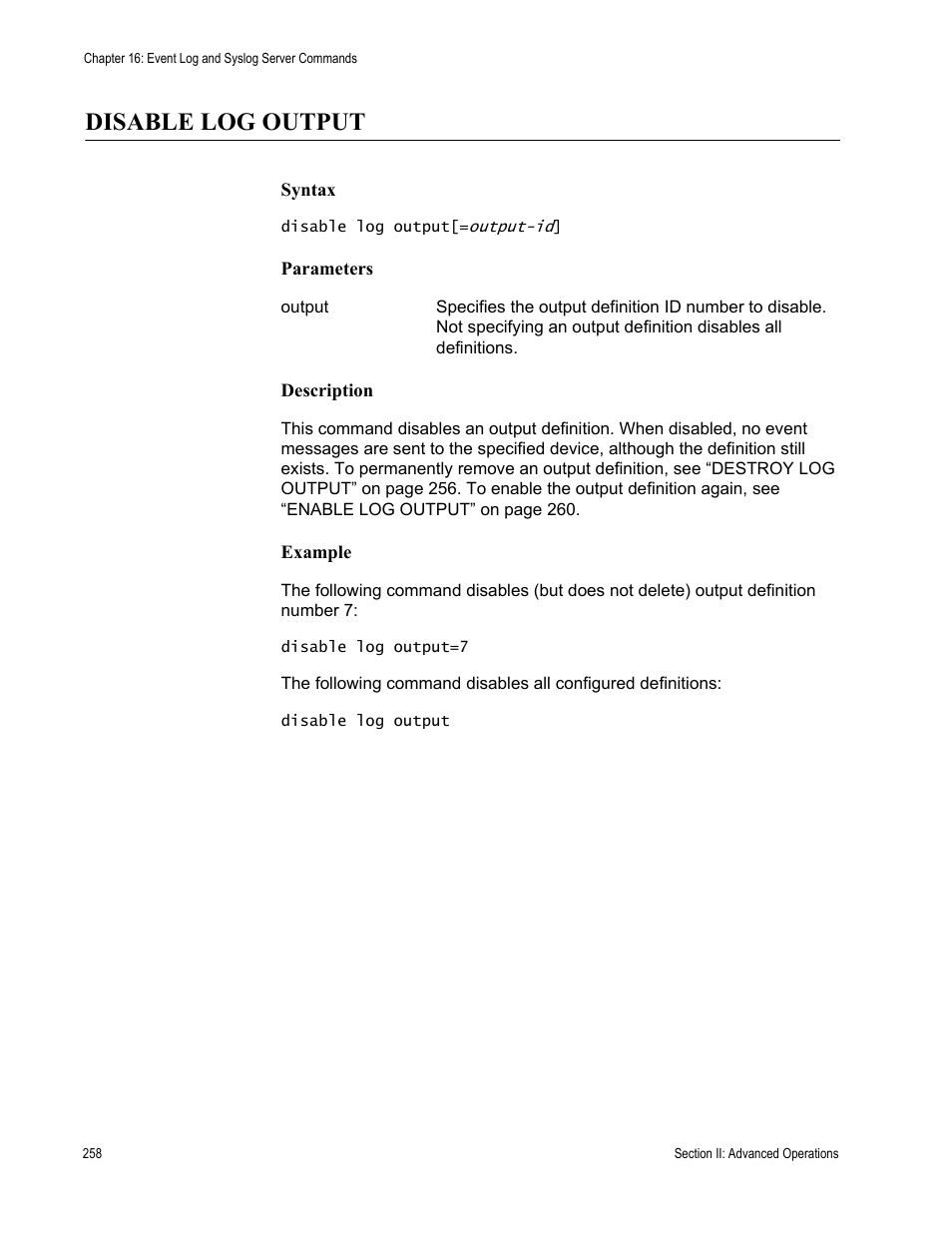 Disable log output | Allied Telesis AT-S63 User Manual | Page 258 / 680